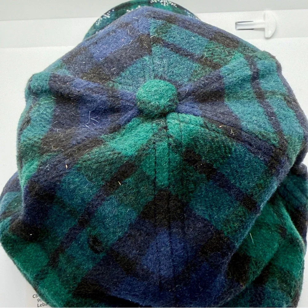 Plaid Green and‎ Blue Women's Hat with Snowflake Design